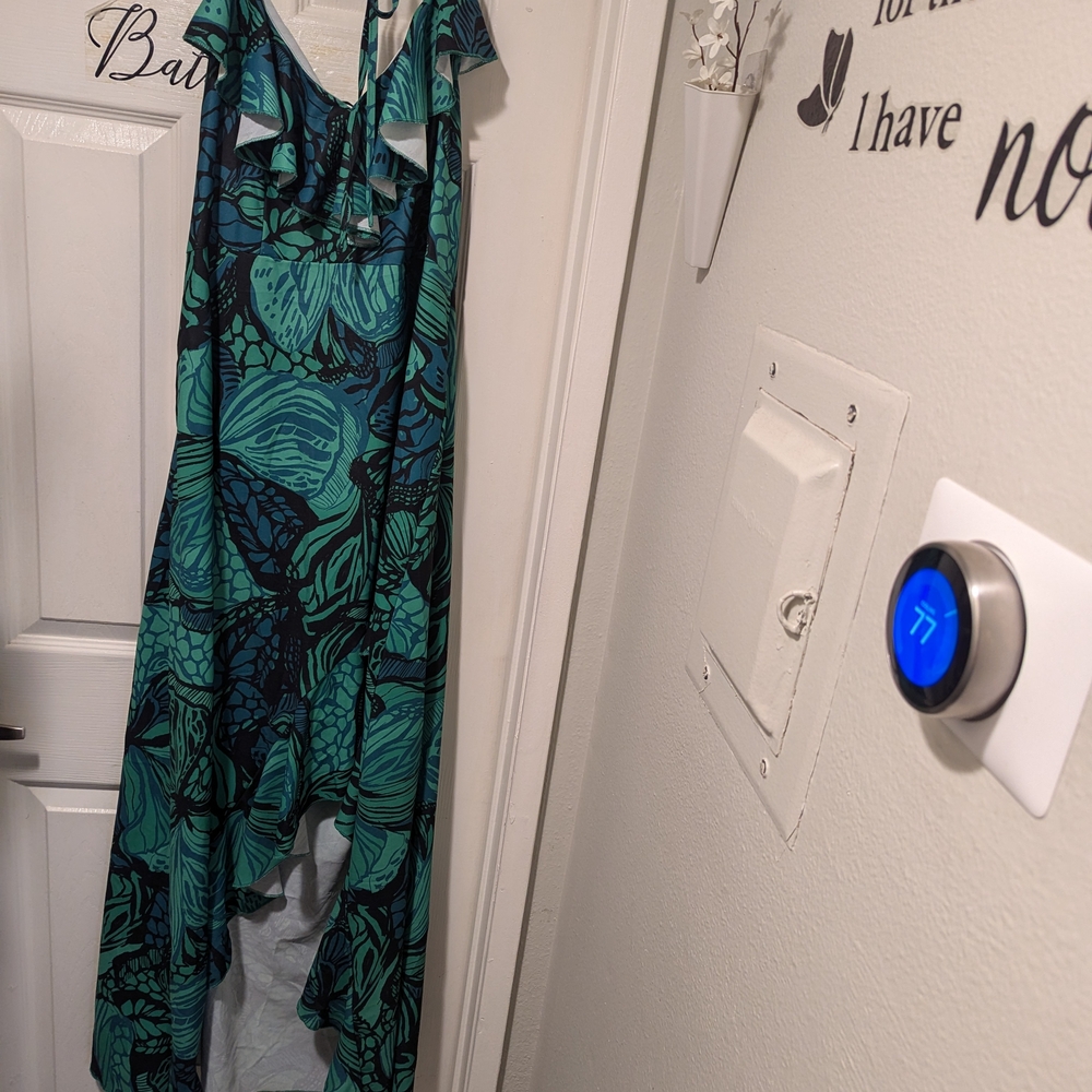 Teal and Black Floral High-Low Dress